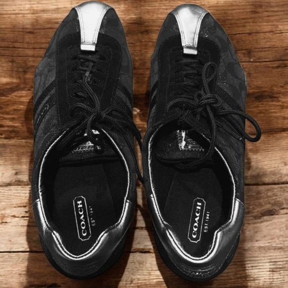 Coach Katelyn Black Silver Signature Jacquard Leather Low Top Sneakers - 9.5 EUC - Picture 3 of 12